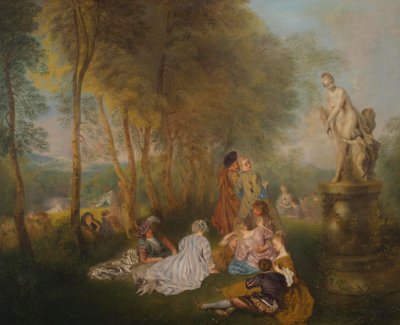 Fête galante mit einer Venusstatue von Follower of Antoine Watteau